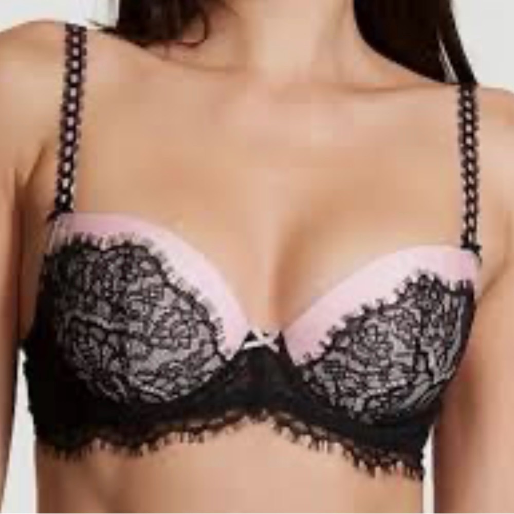 VICTORIA’S SECRET DREAM ANGELS LINED DEMI BRA 34DDD BLACK LACE PINK NEW TAGS